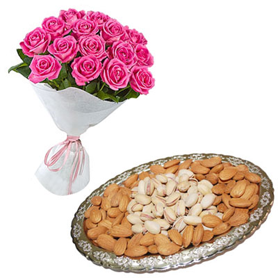 "Dryfruit Thali, 12 Pink Roses Flower Bunch - Click here to View more details about this Product